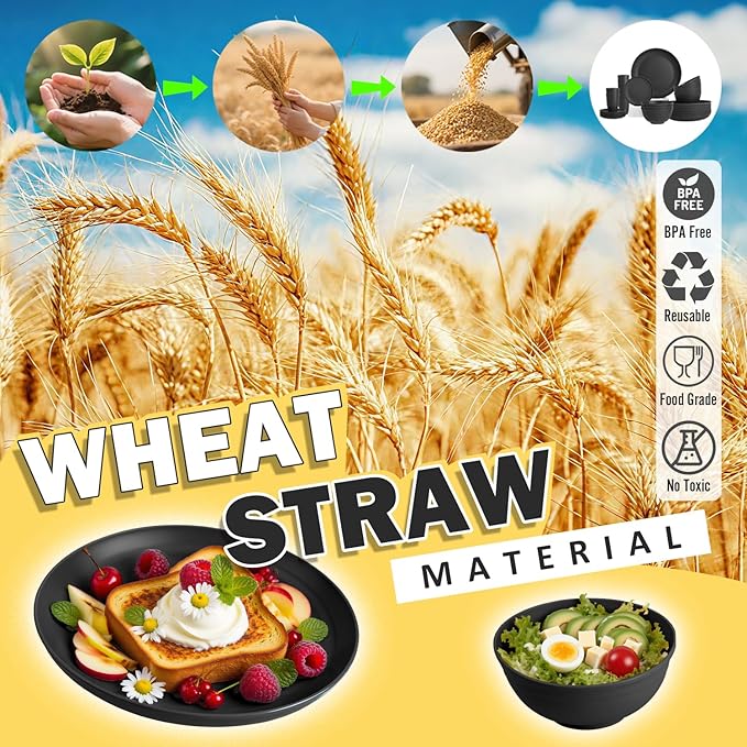 Wheat Straw Dinnerware Sets for 8, 32 PCS Unbreakable Plates and Bowls Sets, Reusable Dinnerware Set for Kitchen Outdoor and Apartment Dinning Essentials - Black
