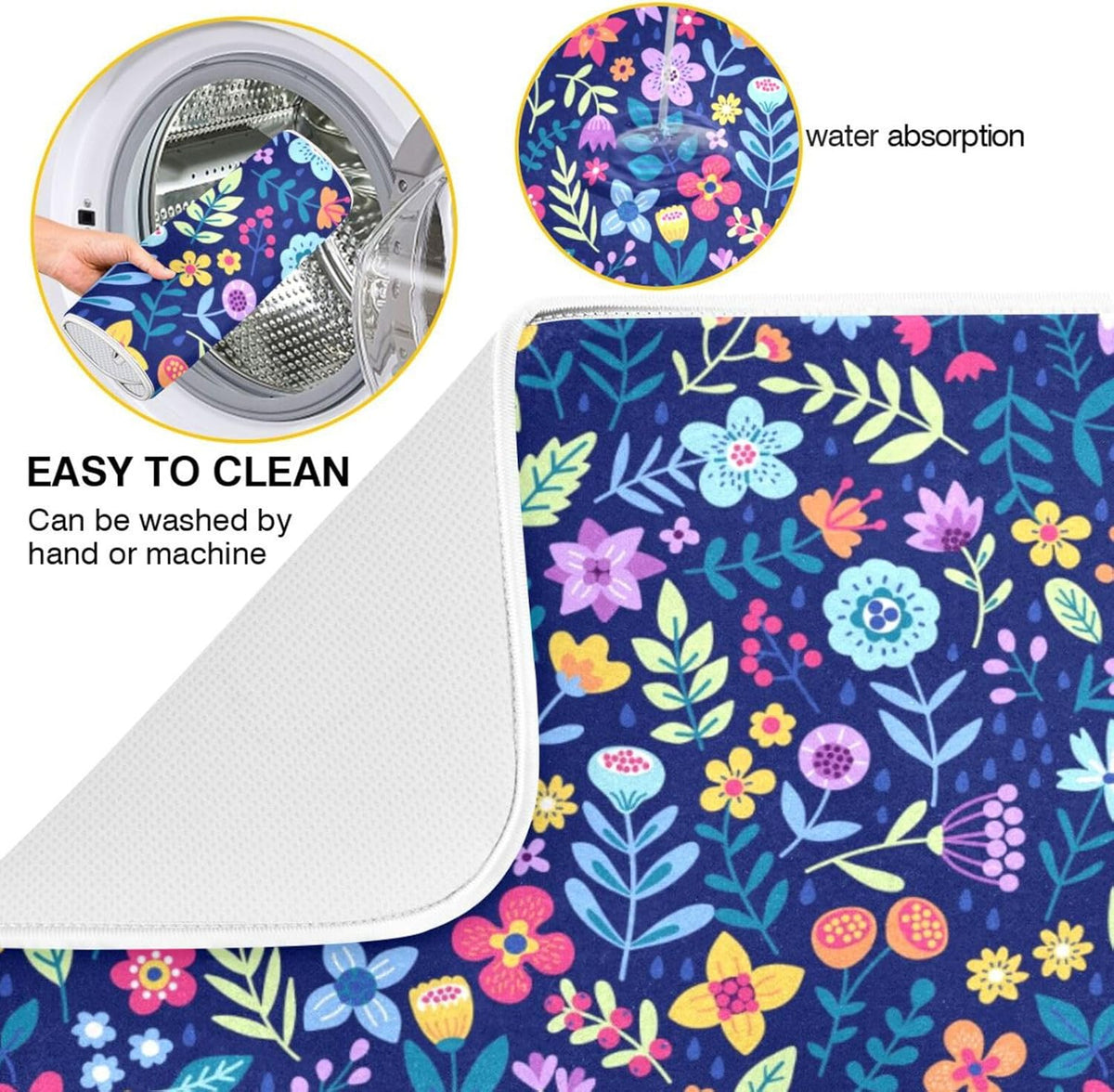 Cute Floral Flowers Dish Drying Mat for Kitchen Counter Absorbent Microfiber Drying Pad, Large 18x24 in, Reversible Drainer Mats