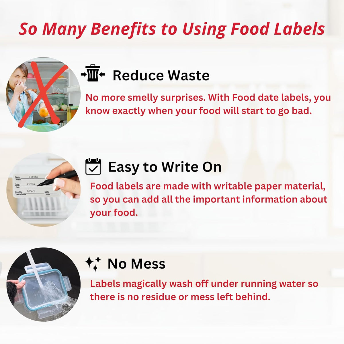 2x1 Dissolvable Food Labels, 250 Label Stickers, Bottle Labels for Storage Bins, Sticker Labels for Food containers, (250, Red)