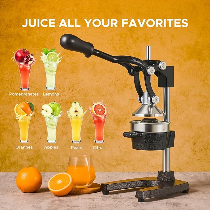 CO-Z Manual Citrus Juicer, Commercial Grade Cast Iron Orange Juicer, Professional Heavy Duty Juice Press with Removable Strainer, Manual Juice Extractor for Orange Lemon Pomegranate Citrus, Black
