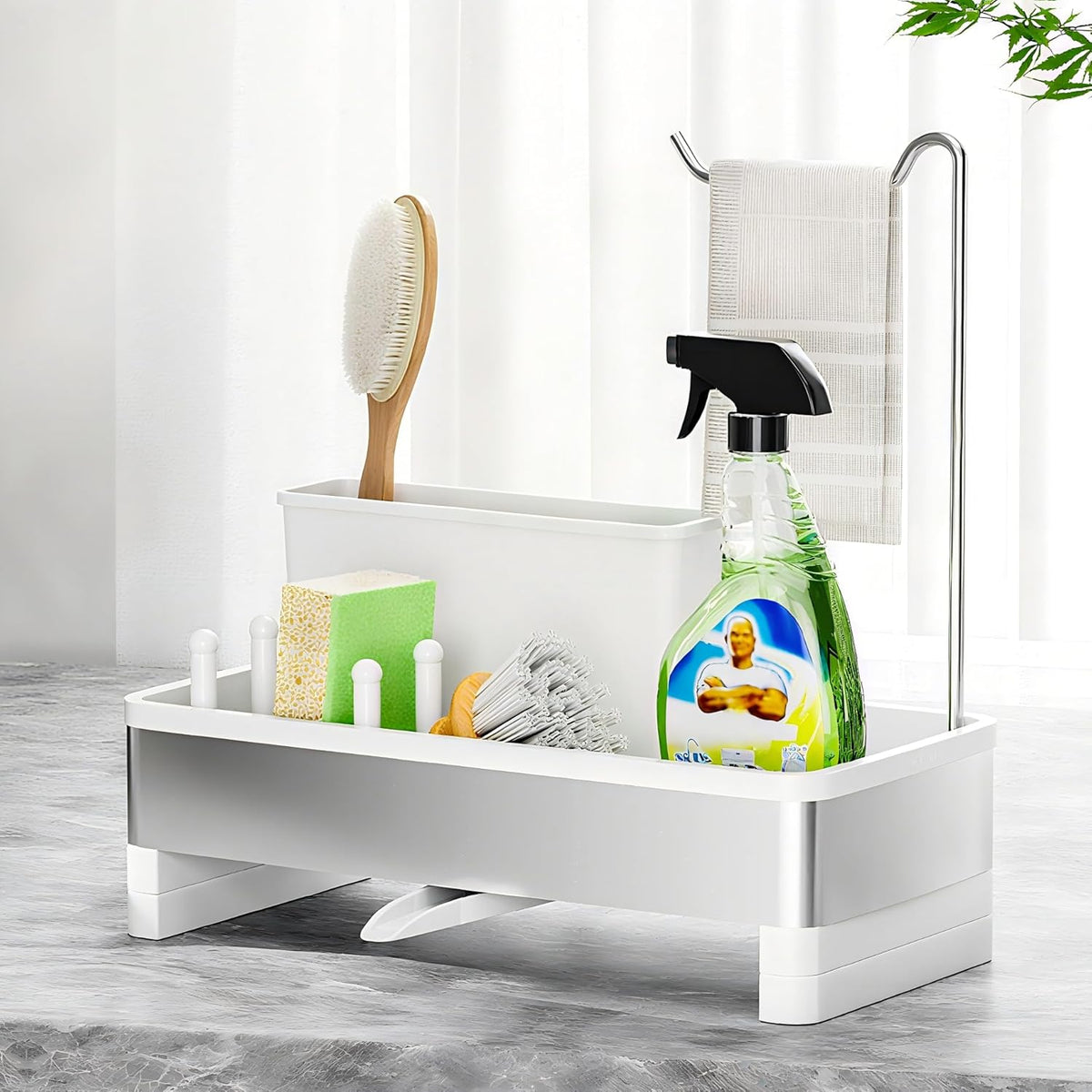 Stainless Steel Sink Caddy, Sponge Holder for Kitchen Sink with Brush Holder & Dishcloth Rack, Rustproof Sink Organizer Countertop, Kitchen Organizers Storage Essentials (E-White)