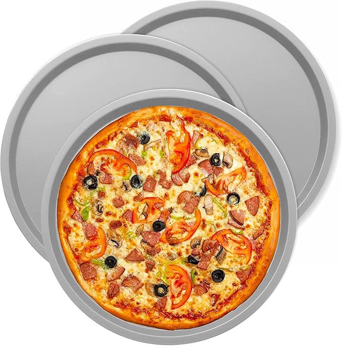 DecorRack 13 Inch Alloy Steel Pizza Pan, Non-Stick Coating, Dishwasher Safe Serving Tray, Round Baking Tray for Oven Use (3 Pack)