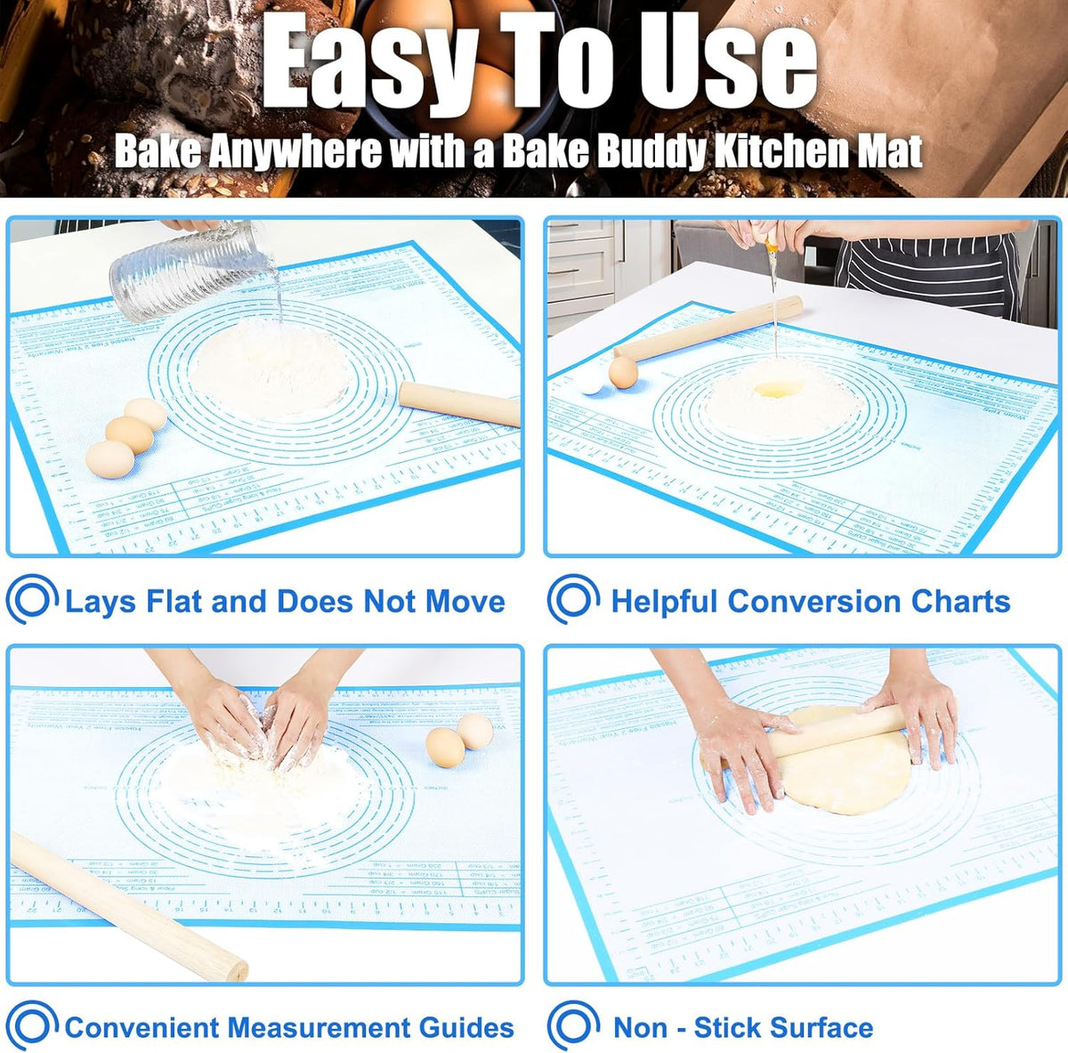 Silicone Pastry Mat 36''By 24'' Nonstick Baking Mats Extra Large Counter Mat for Dough Rolling, Pastry, Pie Crust, Fondant, Cookies, Bread, Pasta, Pizza Mat
