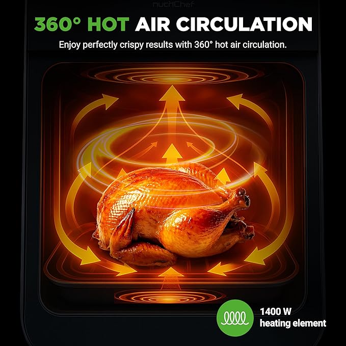 Nutrichef Electric Air Fryer Large 6.3 Quart Capacity | 12-1 Preset Cooking Functions | Includes Tenderizing Function | Digital Display | Transparent Window For Best Cooking Results | Black
