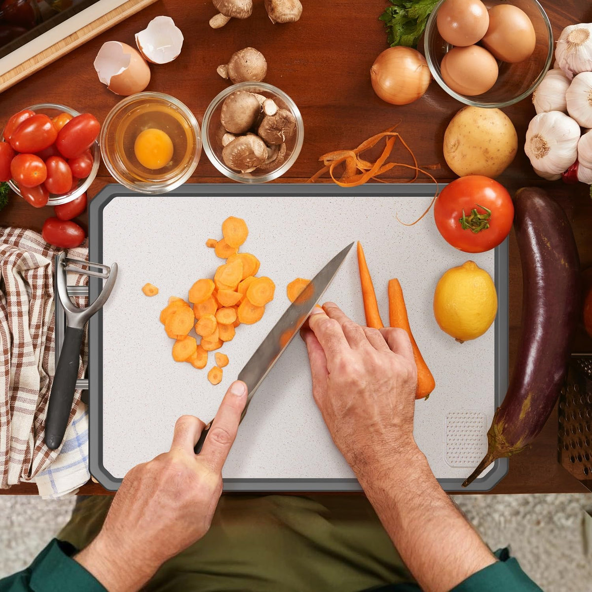 Stainless Steel Cutting Board, Scratch-resistant Cutting Board for Kitchen, 16 * 11 inch Double Sided Chopping Board, 304 Stainless Steel and Food-Grade Wheat Straw PP, Dishwasher Safe