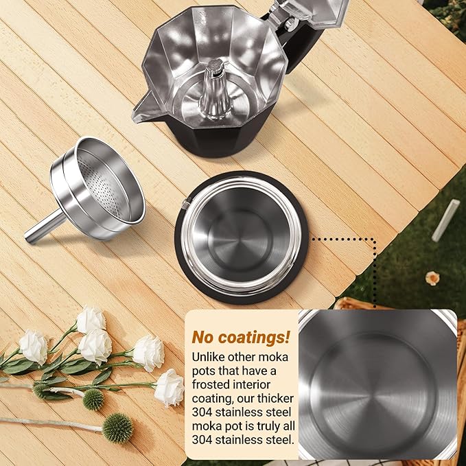 No Coating 4 Cup Aluminum and Stainless Steel Moka Pot Stovetop Espresso Maker Italian Coffee Machine 220ml 7.44oz Suitable for Gas Induction Stovetop Greca Coffee Maker Percolator Black