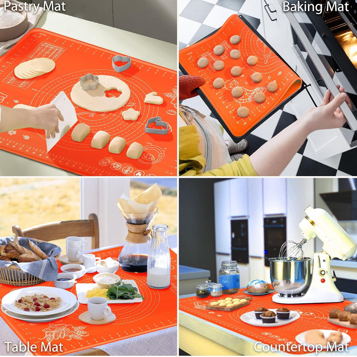 Silicone Baking Mat 28" x 20" Extra Thickness Dough Rolling Mat with Measurements and Edge Heightening, Non-stick Food Grade Silicone Pastry Mat for Pastry, Bread, Cookies, Pizza, Fondant, Pasta-Red