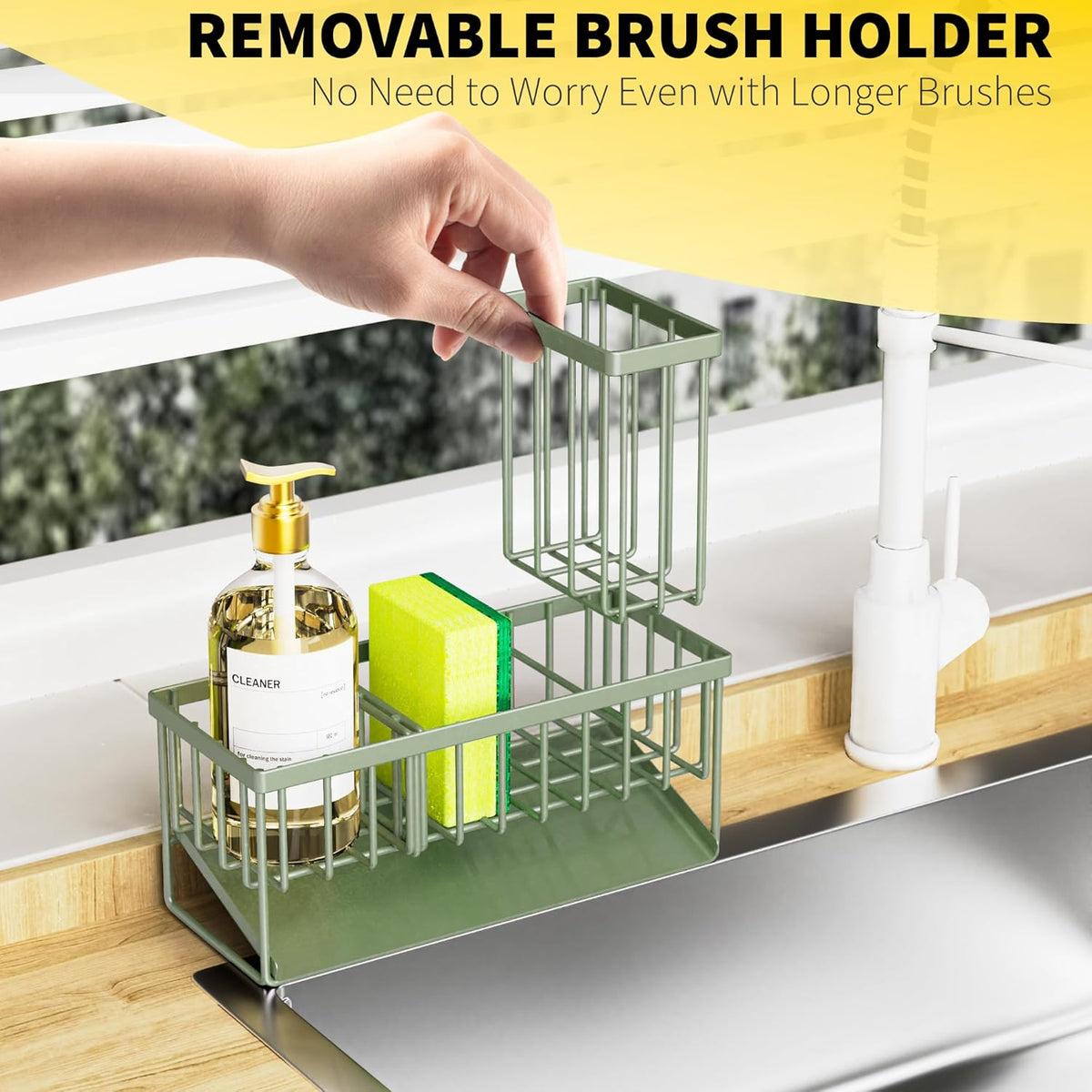 Cisily Kitchen Sink Caddy - Sponge Holder and Organizer with High Brush Holder, 304 Stainless Steel, Sage Green