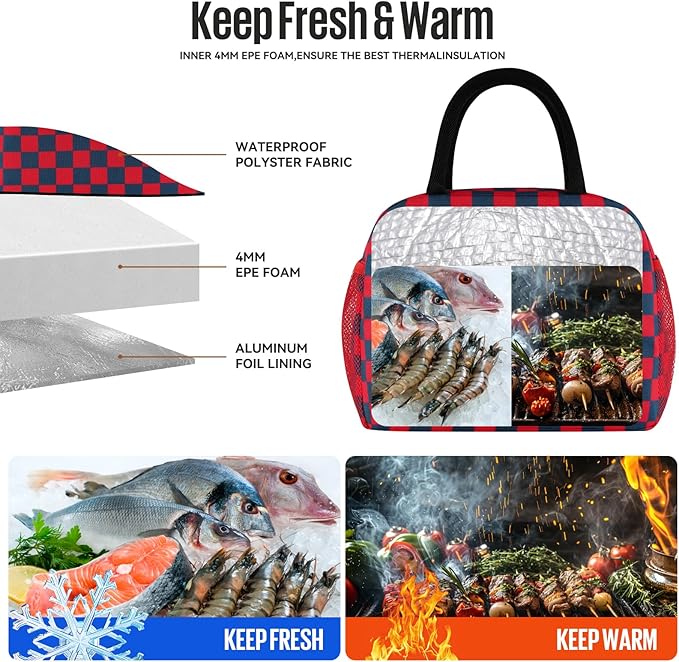douyadady Lunch Bag Women/Men Lunch Box Women/Men (Dark blue+Red Checkerboard)