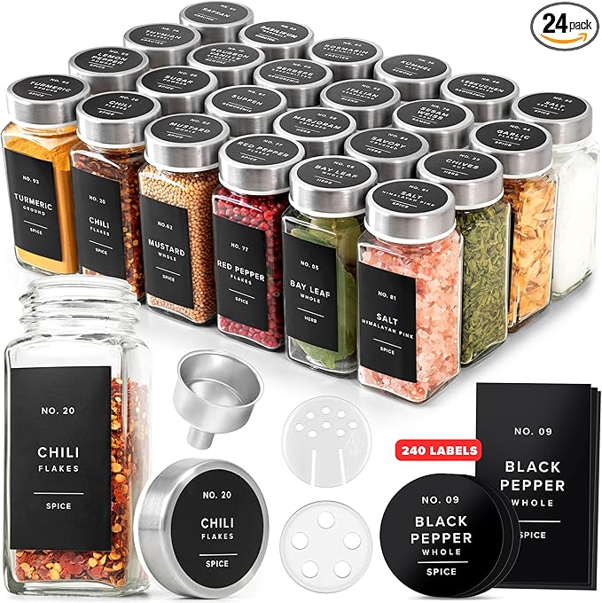 EDELHAUS Glass Spice Jars with Labels and Steel Lids (24 x 4oz) Spice Containers with 240 Label, Steel Funnel, Shaker Inserts, Empty Square Seasoning Organizer for Spice Rack, Cabinet, Drawer