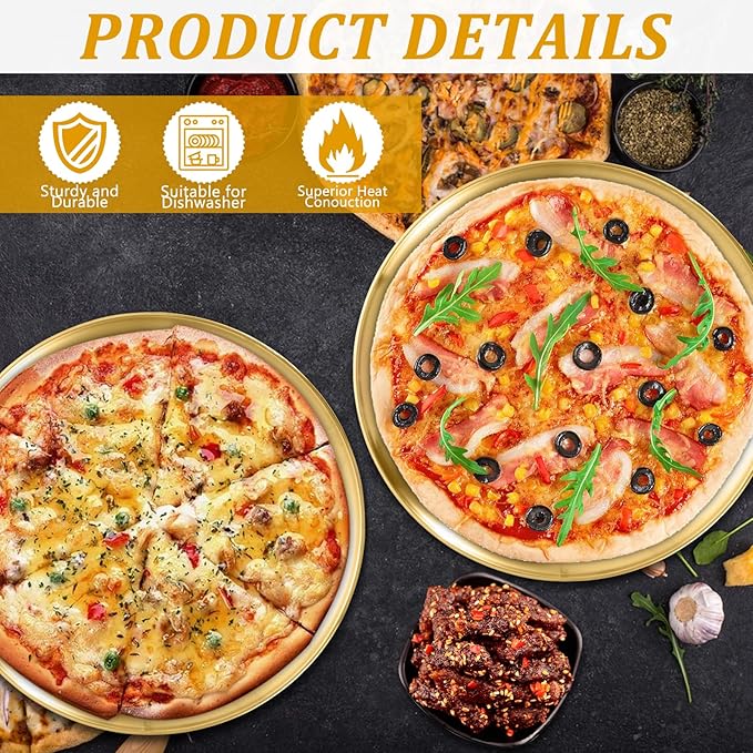 12 Pcs Pizza Pan Riser Stands Sets Includes 4 Metal Pizza Table Stands 4 Pizza Pan and 4 Wood Handle Pie Server, Pizza Rack Stand Pizza Tray for Pizza Dessert Cheese (Gold)