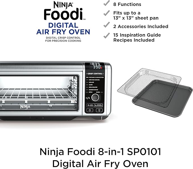 Ninja Digital Air Fryer & Toaster Oven | 8-in-1 Functionality | Flip-Up Design | XL Capacity | Air Fry Basket, Sheet Pan, Wire Rack & Crumb Tray | 1800 Watt | Silver | SP101