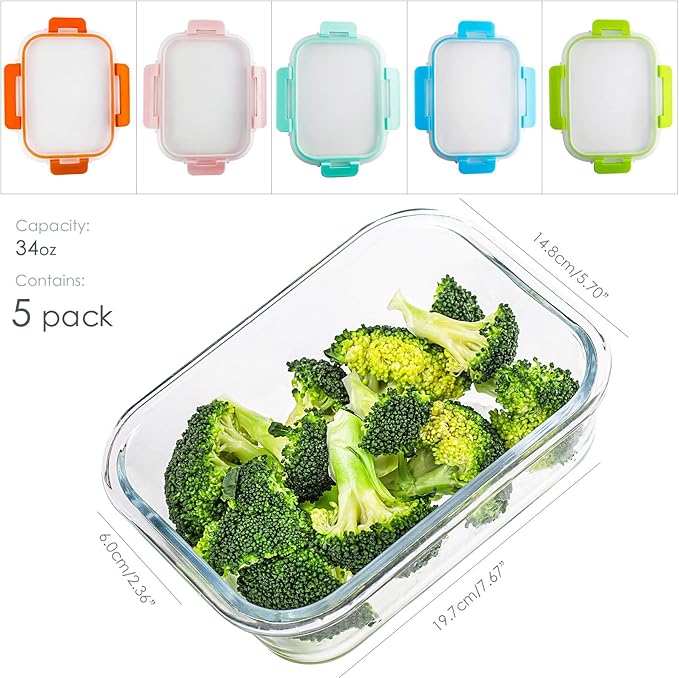C CREST [5-Pack] Glass Lunch Box, Meal Prep Glass Containers with Lids, Glass Food Storage Containers, 34 OZ