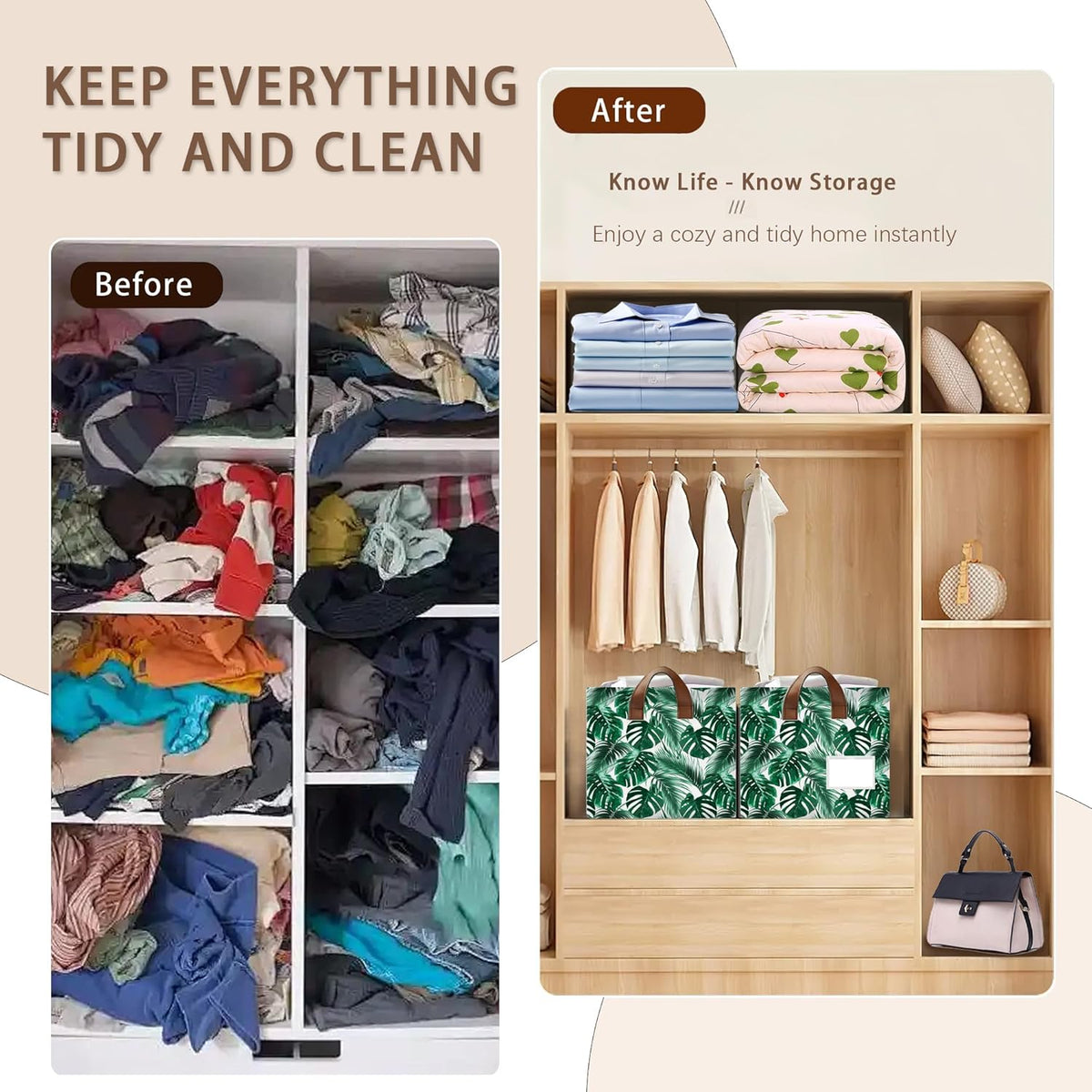Foldable Collapsible Storage Bin with Palm & Banana Leaf Design-17x11.5x10.5 Inch Organizer Basket for Home, Nursery, Closet-Single Pack, No Lid Space-Saving Storage Box