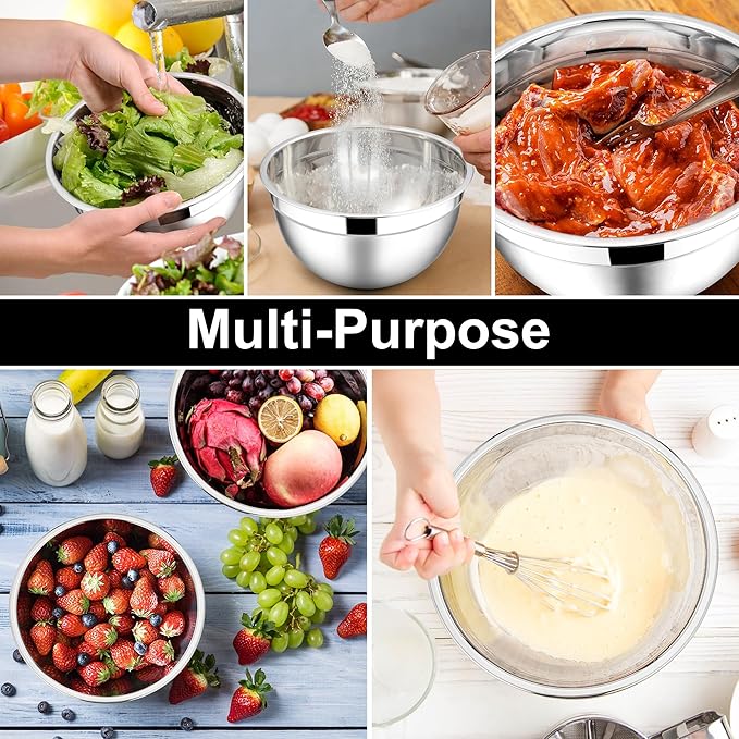 E-far Mixing Bowls with Lids, 12-Piece Stainless Steel Salad Bowls Metal Nesting Bowls for Baking Cooking and Prepping, Airtight Lids & Stackable Design, Size 7, 4.5, 3, 1.5, 1.2, 0.7 QT (Black)