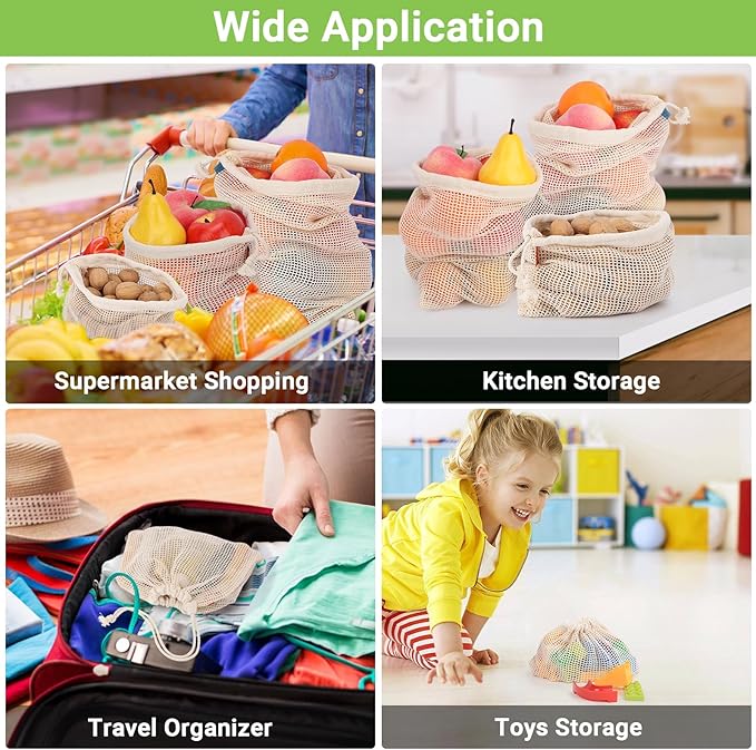 Pack of 12 Reusable Grocery Bags, 3 Sizes (4xS+4xM+4xL) Reusable Shopping Bags Heavy Duty Cotton Bags Mesh Bags for Vegetables, Enhanced Closure Edge, Double Stitched, with Tare Weight