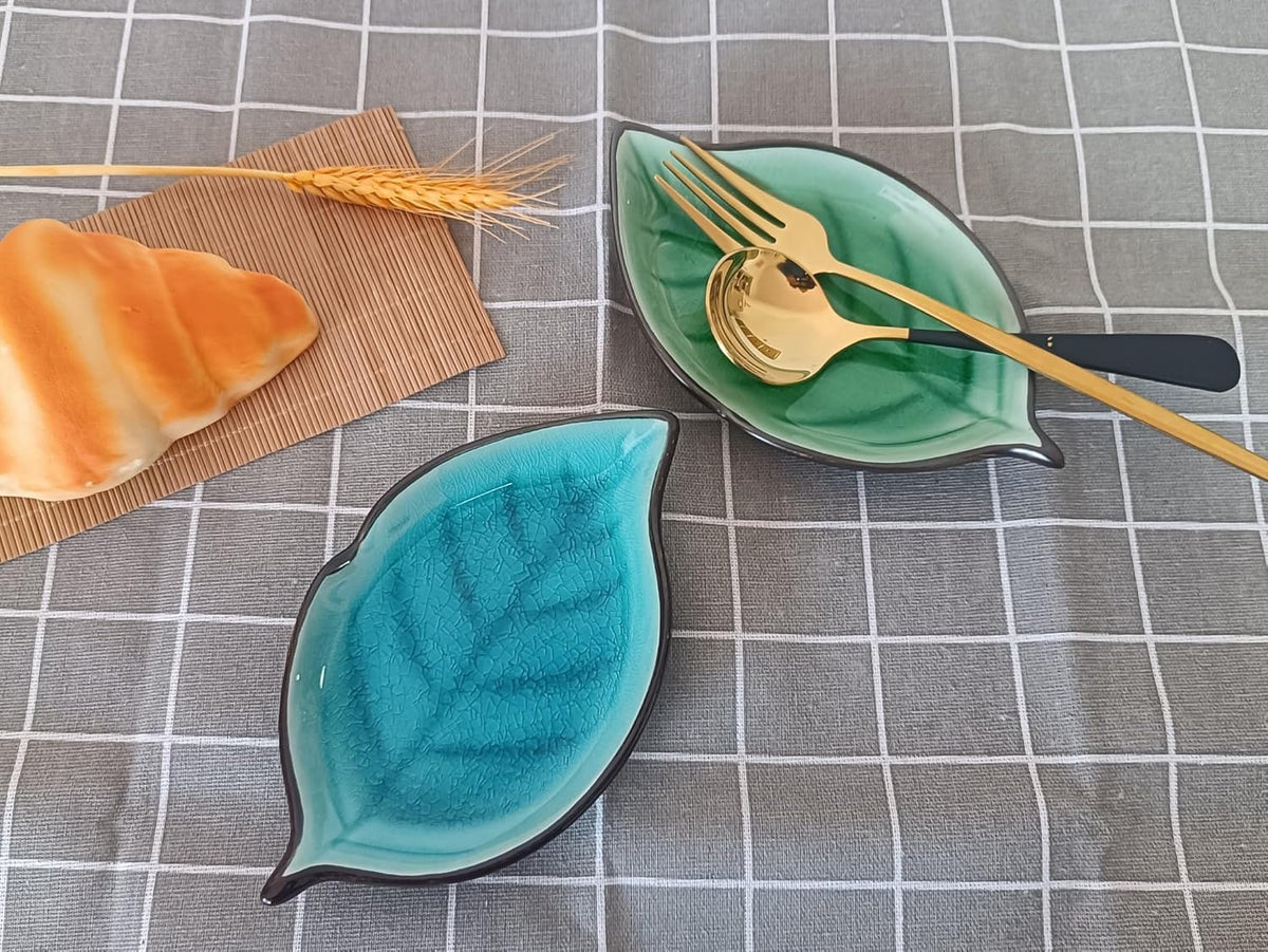 Ceramic Spoon Rest for Stove Top, Ice Cracks Leaf Cute Spoon Rest for Kitchen Counter, Cooking Spoon Holder for Kitchen Counter, Utensil Rest Spatula Rest Ladle Holder Tong Rest, 1 PC (A, Lake Blue)