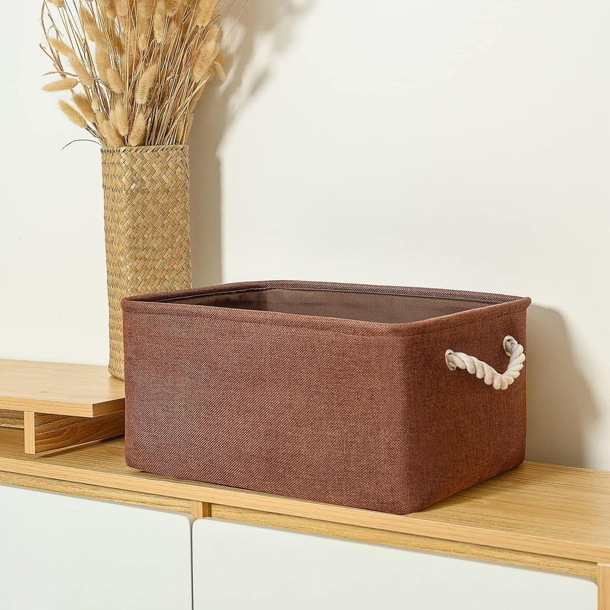 TheWarmHome Decorative Basket Rectangular Fabric Storage Bin Organizer Basket with Handles for Clothes Storage (Brown, Large-1Pack,15L*10.5W*8H)