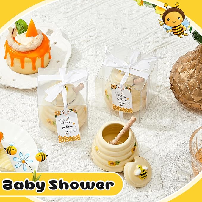 Yinder 1 Pcs Baby Shower Prize for Winners Honey Party Favors 3 oz Ceramic Honey Jars with Dippers Mini Bee Themed Pots with Goodie Boxes for Baby Shower Wedding Favors Bee Themed Party Gifts