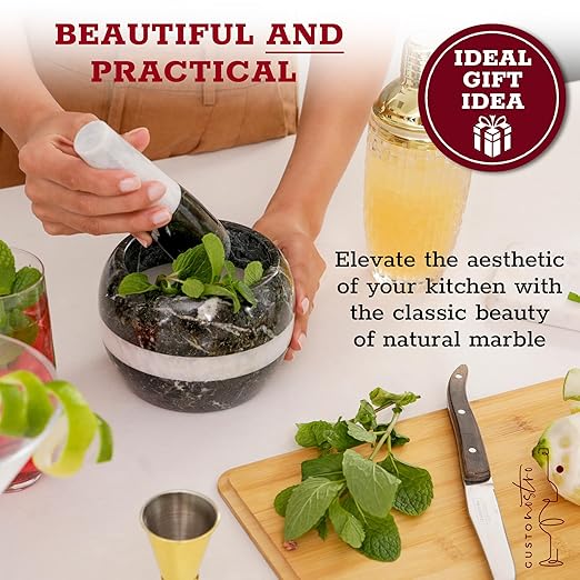 Gusto Nostro Natural Marble Mortar and Pestle Set | 6 Inch - 3.5 Cup Extra Large Mortar Pestle Set for Grinding Herbs, Nuts, Grains | Pesto Grinding and Guacamole Stone Bowl | Marble Spice Crusher