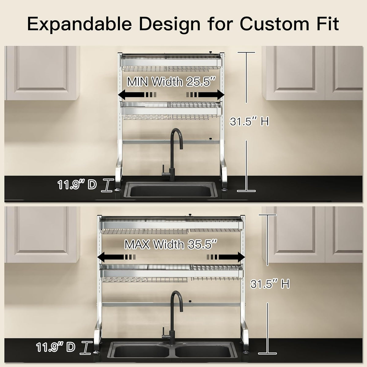 3 Tier Extra Large Stainless Steel Expandable Over The Sink Dish Drainer Drying Rack, Rust Proof Metal, Space Saving, Modern Silver Big Capacity Extendable Plate Strainers Above Kitchen Counter