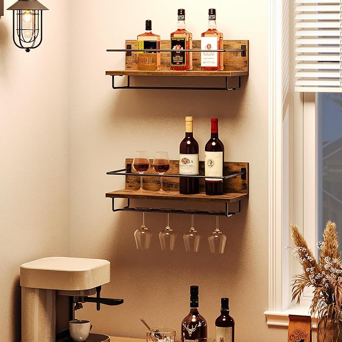 HOOBRO Wall Mounted Wine Rack 2 Pack, Wine Shelf Hanging Floating Wall Shelves, Wine Glass Bottle Rack Stemware Holder, for Living Room, Dining Room, Kitchen, Rustic Brown and Black BF28BJ01