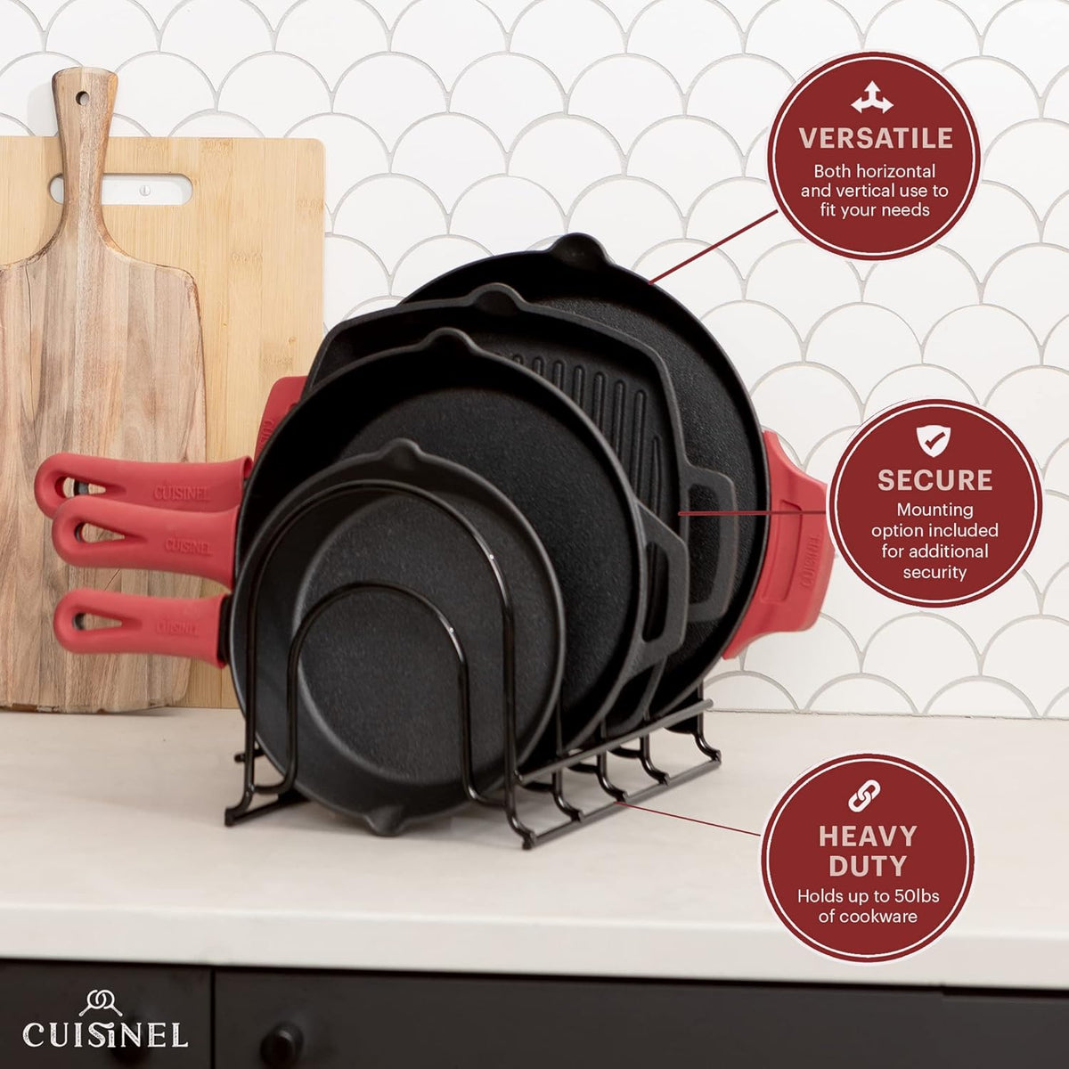 Pan Organizer - Silicone-Coated Non-Slip 12" Heavy Duty Skillet Rack - Kitchen Counter/Cabinet Organization Storage - Holder for Cookie Sheet, Cutting Board, Cast Iron Cookware, Dish, Pot, Lid Stand