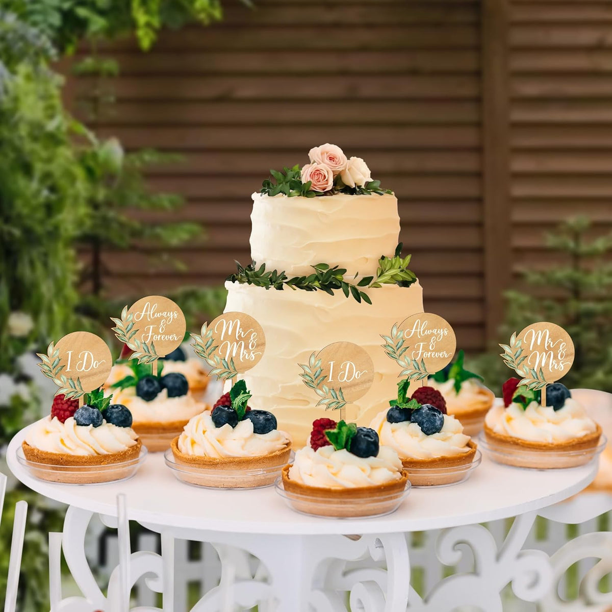 12 PCS Greeny Wedding Cupcake Toppers in Wood Mr & Mrs Engagement Cupcake Decorations