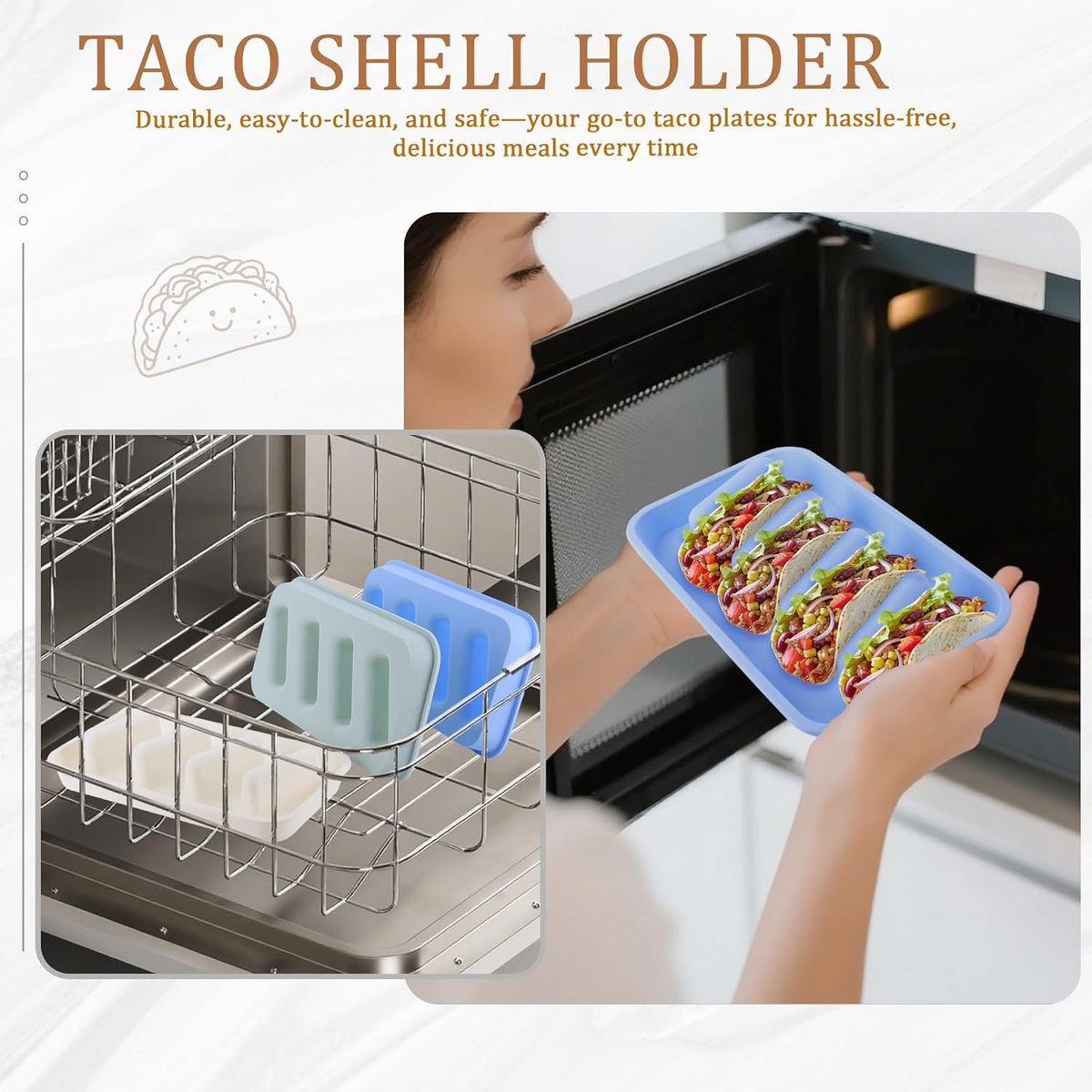 Silicone Taco Holder 3 Packs, Reusable Taco Plates with Dividers, Taco Holder Stand for Family Dinners & Parties, Dishwasher and Microwave Safe