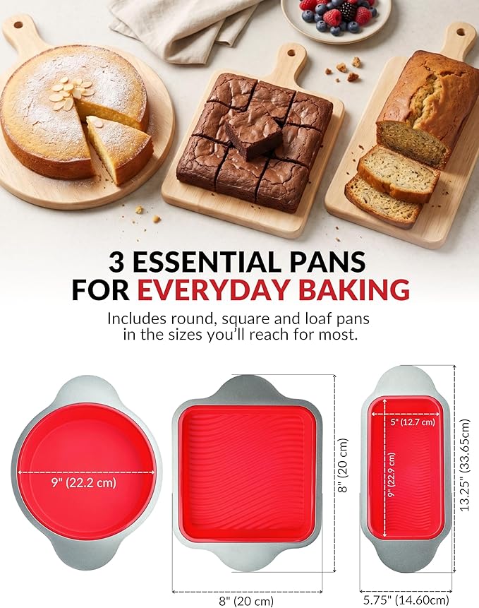 Boxiki Kitchen Silicone Baking Pans Set. 3 PCS Professional Non-Stick Baking Cake Pans Set includes Silicone Round Cake Pan, Square Cake Pan and Bread Loaf Pan.