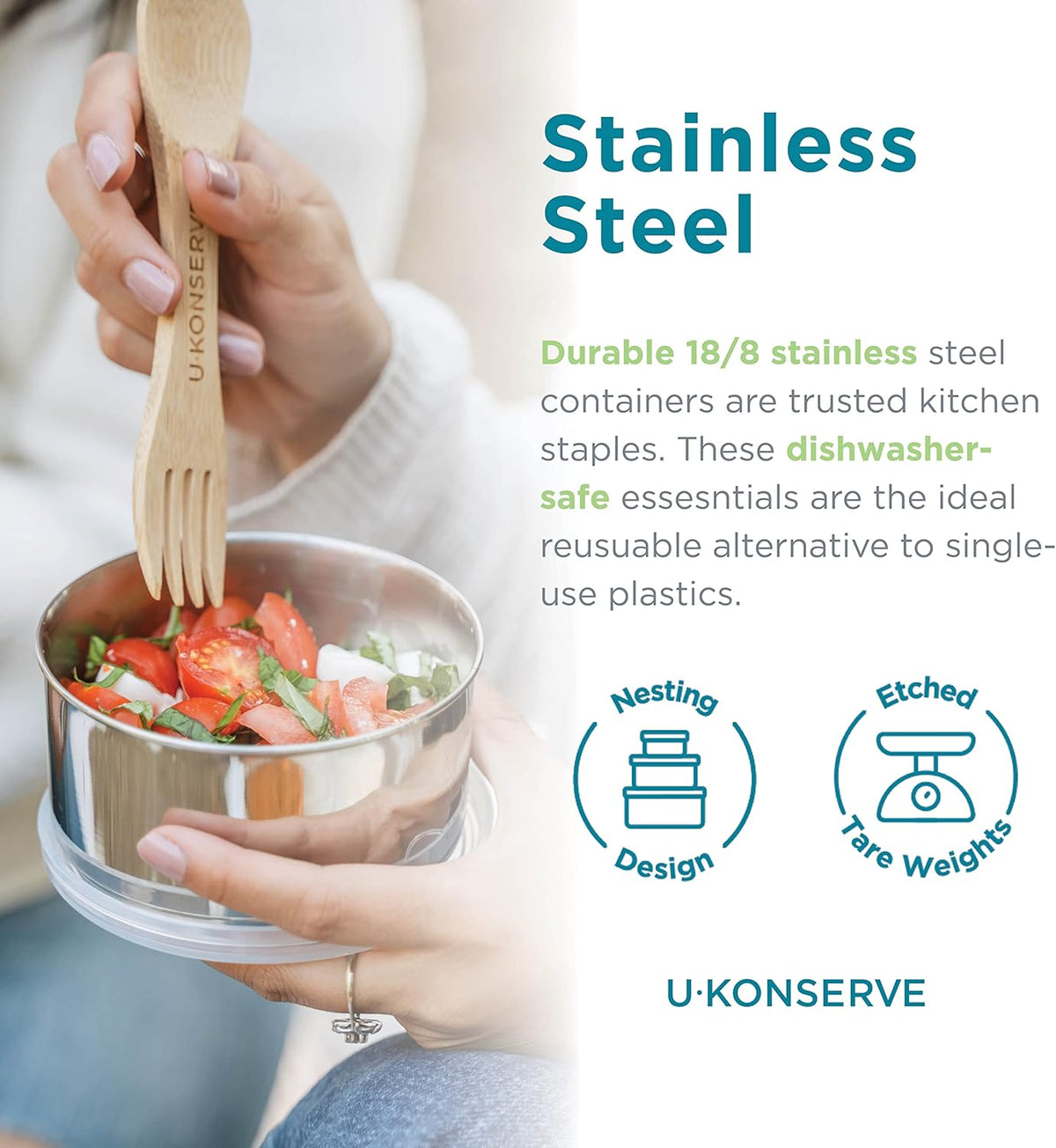 U Konserve Stainless Steel Nesting Trio Food Containers with Silicone Lids, Leak Proof & Dishwasher Safe (Set of 3: 5/9/16 oz)