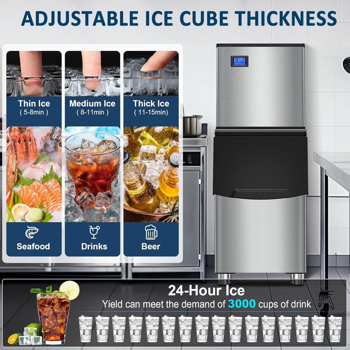 Commercial Ice Maker Machine 500LBS/24H 360LBS Ice Bin LCD Touch Screen Self Cleaning Function Freestanding Ice Maker 156 Counts Ice Ready in 5-10 min Clear Ice Cube for Cafe, Bar, Home