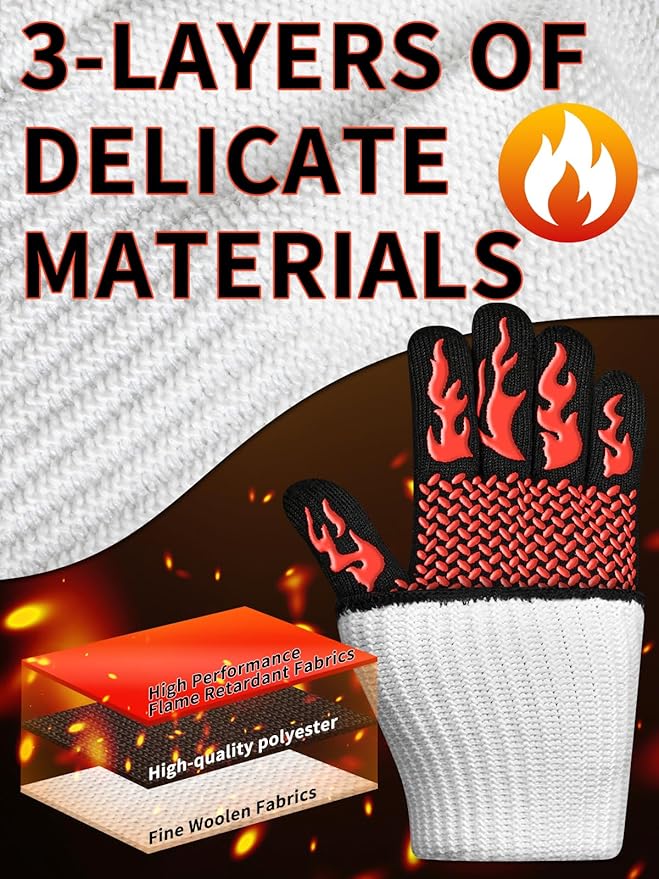 BBQ Oven Gloves, 1472℉ 3-Layers Heat Resistant Oven Mitts Silicone Non-Slip Cooking Gloves for Barbecue, Grilling, Baking, Welding, Smoker (A Pair) (Red)