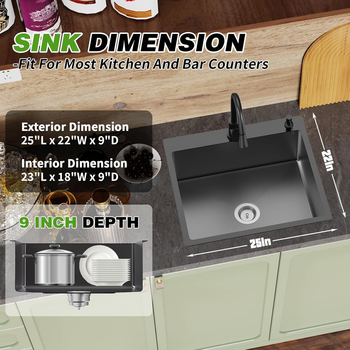 Black Kitchen And Bar Sink, 25x22 Inch Stainless Steel Drop In Kitchen Sink Modern Single Bowl Topmount Bar Sink Combo-Silicon Mat,Drain Strainer Set Compatibility With Various Kitchen & Bar Style