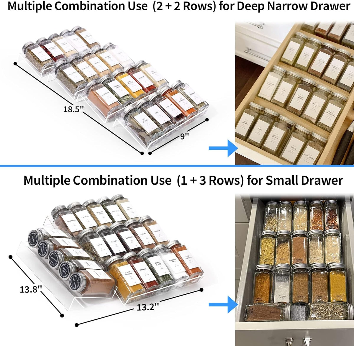 MIUKAA Clear Acrylic Spice Drawer Organizer, 4 Tier- 2 Set Expandable From 9" to 18" Seasoning Jars Drawers Insert, Kitchen Spice Rack Tray for Drawer/Countertop (Jars not included)