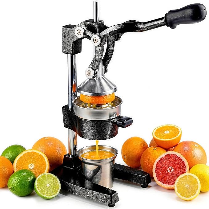Cast Iron Juicer Hand Press - 13.8LB Heavy Duty Manual Citrus Orange Squeezer, 304 Stainless Steel Cup & Strainer, Professional Lemon Grapefruit Pomegranate Press for Home Bar Kitchen, Black