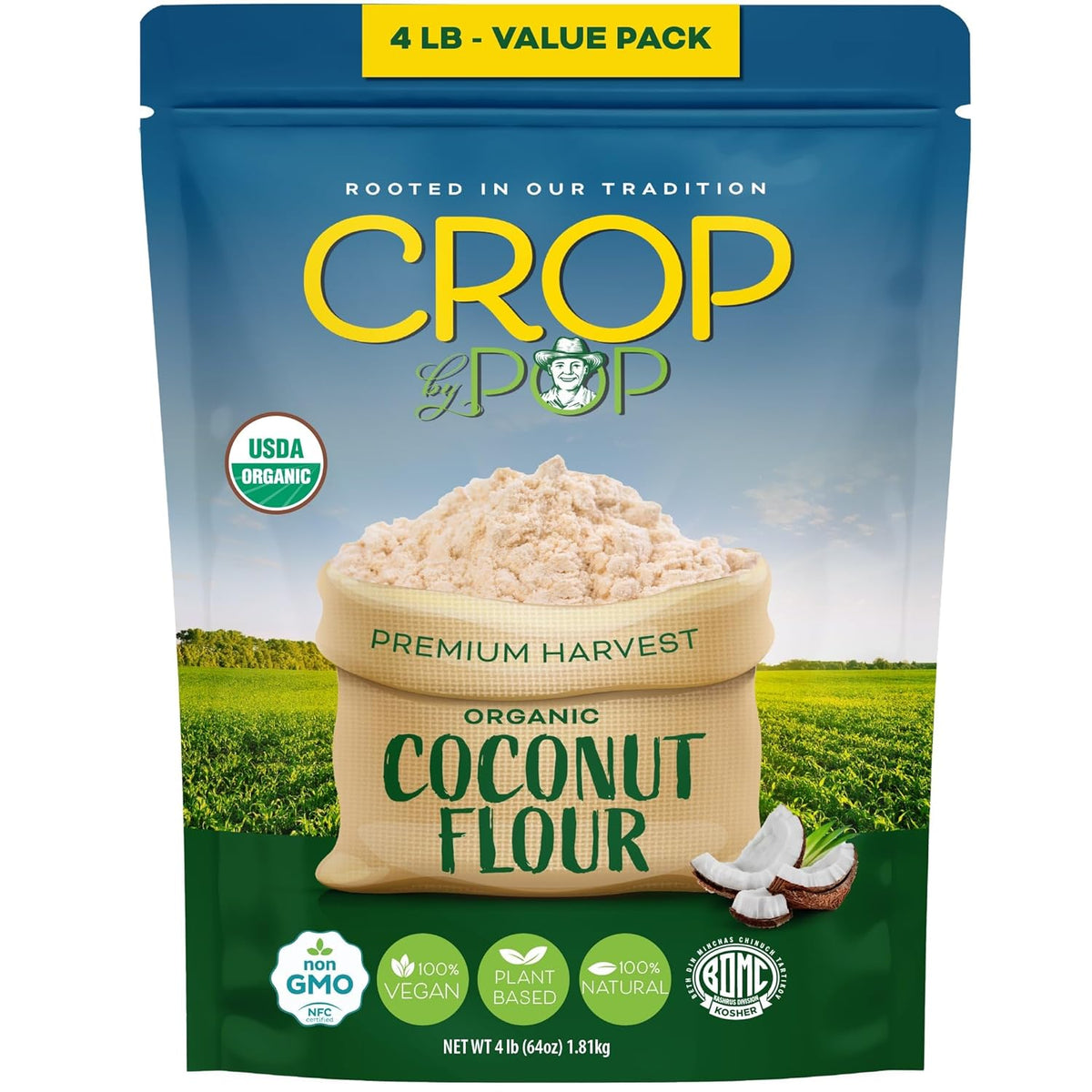 CROP BY POP - Organic Coconut Flour (64 Oz - 4 LB) Packed Fresh in Resealable Bag - USDA Organic, Non GMO - Naturally Grown, Vegan, Kosher
