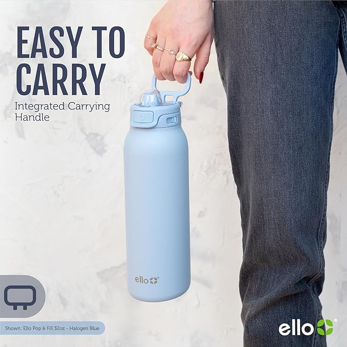 Ello Pop & Fill 32oz Stainless Steel Water Bottle with Quick Fill Technology, Double Walled and Vacuum Insulated Metal, Leak Proof Locking Lid, Sip and Chug, Reusable, BPA Free, Tonal Black