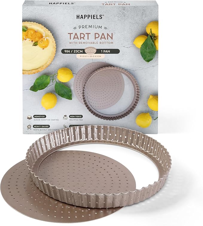 HAPPIELS Nonstick 9 Inch Tart Pan with Removable Bottom | PFOA & BPA Free Non Toxic Fluted Pie & Quiche Tin | Best Perforated Non Stick Nontoxic 9in Molds with Holes for Baking