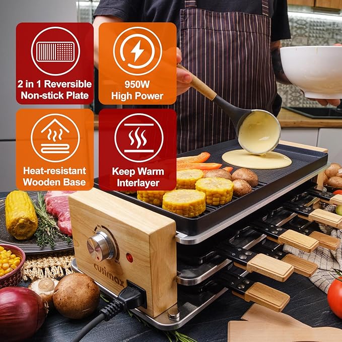 Raclette Table Grill, CUSIMAX Electric Indoor Grill, Korean BBQ Grill with Removable 2 in 1 Non-Stick Grill Plate, 8 Cheese Pans & Wooden Spatulas, Ideal for Parties, Wooden Base New Model