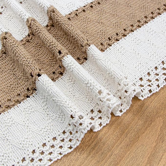 FEXIA Boho Table Runner for Home Decor with Out Tassels 90 Inches Long Farmhouse Rustic Table Runner Macrame Burlap Table Decoration for Living Room Bridal Shower(12x90 Inches)