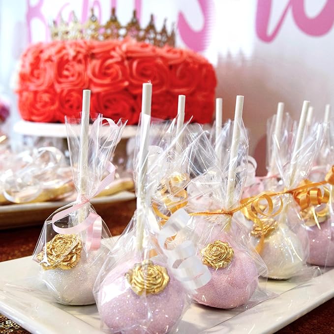 360pcs Cake Pop Sticks and Wrappers Ties Kit, Including 120ct 6-inch Paper Lollipop Stick, 120ct Cake Pop Parcel Bag, 120ct Gold Twist Tie for Candy Making Packaging Supplies