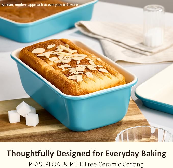 CAROTE 6-Piece Ceramic Baking Pans Set, Aluminized Steel Bakeware Sets, Toxin-Free Nonstick Stackable Oven Pans with Cookie Sheet, Muffin Pan, Loaf Pan, Round & Square Cake Pan, Cooling Rack