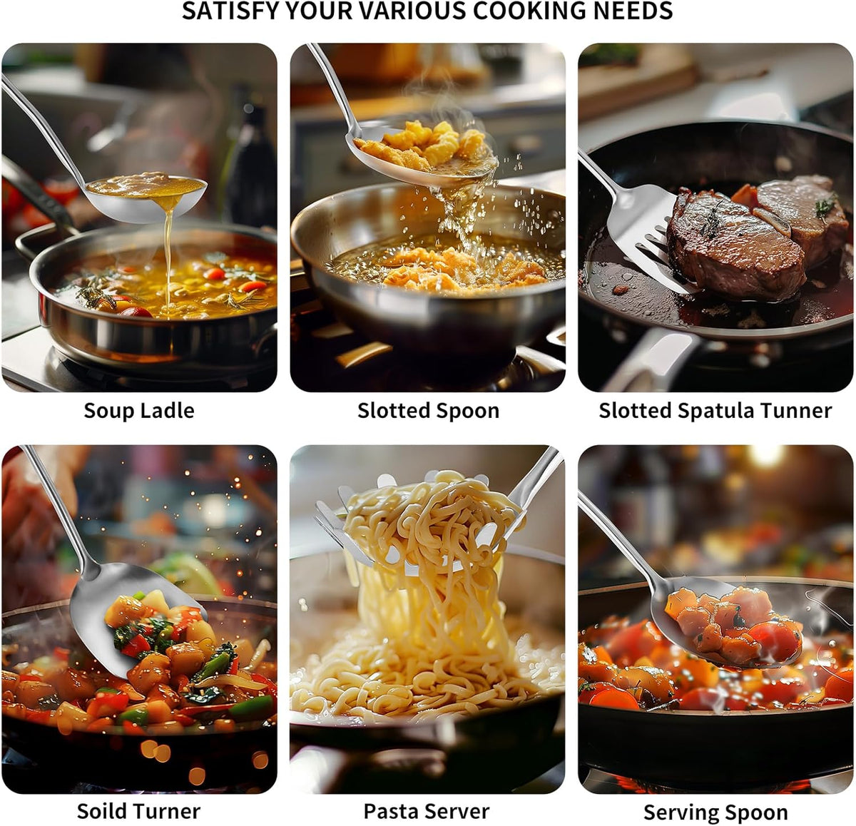 304 Stainless Steel Cooking Utensils,6 Pcs Kitchen Cooking Utensils Set with Spatula, Solid Spoon, Ladle, Skimmer, Spaghetti Spoon,Dishwasher Safe