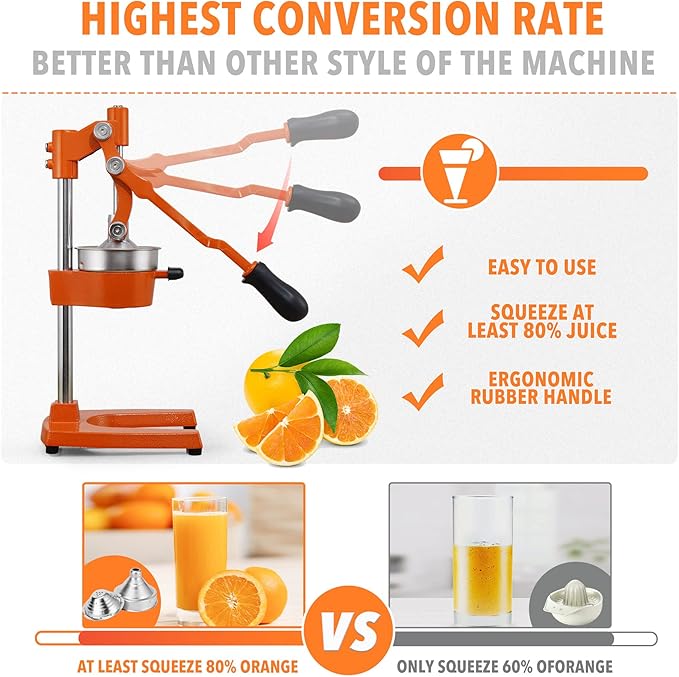19 Inch Height Extra Tall Commercial Heavy Duty Cast Iron Hand Press Manual Orange Citrus Lemon Lime Grapefruit Pomegranate Fruit Juice Squeezer Machine with Stainless Steel Cup