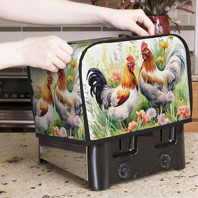 Watercolor Chicken Rooster Floral Toaster Cover 2 Slice Long Slot, Bread Maker Cover Washable Dust Protection Kitchen Small Appliance Toaster Oven Cover for 2 Slice