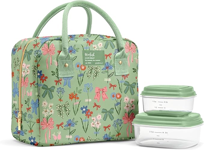 Fit & Fresh Bloomington Lunch Bag for Women - Insulated Large Lunch Box for Work with Containers, Leak-Resistant, Stain-Resistant, Zipper Closure, Sage Bows & Flowers