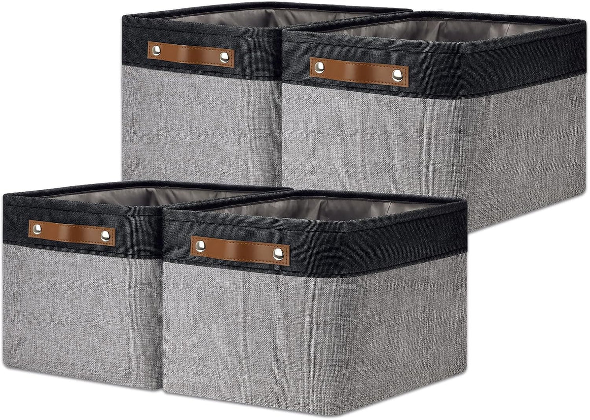 DULLEMELO Canvas Storage Bin with Handles, Fabric Bins for Shelves, Bedroom, Office,Nursery,Fabric Storage Baskets for Toys, Clothes,Gift(Black&Grey,15"x11"x9.5",4-Pack)