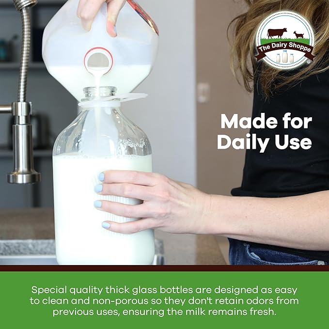 The Dairy Shoppe Heavy Glass Milk Bottles - Jugs with Lids and Silicone Pour Spouts - Clear Milk Containers for Fridge - Reusable Glass Milk Jug Dispenser - Made in USA (64 oz, 2 Pack)