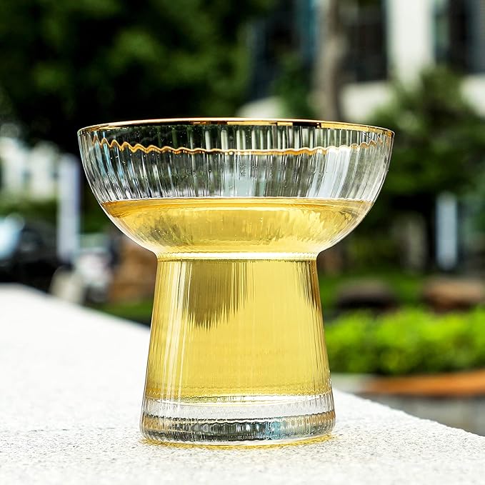 Lysenn Stemless Margarita Glasses Set of 2 - Elegant Vertical Stripes Cocktail Glasses – Premium Hand Blown Glassware for Martini and Mixed Drinks – 10 oz Gold Rim